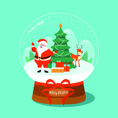 Merry christmas glass ball with Santa Claus and presents. Vector illustration.