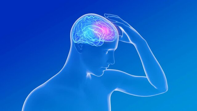 Anatomical 3d animation of human figure showing headache. Epilepsy, headache. Transparent image of glass, on blue gradient background.
