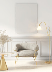 3d render canvas mockup in room with gold armchair and table