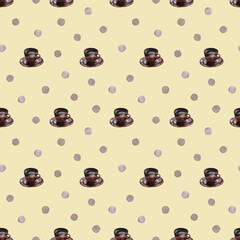 Seamless pattern of brown coffee cups and purple polka dot on beige background. Watercolour graphics.For textile, gift wrap, wallpaper, stationery and packaging design.