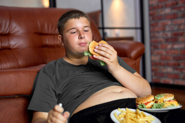 Overweight boy with fast food on floor near sofa at home, eating junk food, lazy fat teenage boy in...