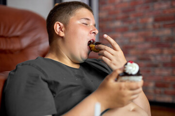 Fat boy eating tasty sweet donuts at home. Tasty unhealthy food, caucasian teenage boy in casual wear sits on floor leaned on sofa, enjoy rest time alone at home after school, overeating