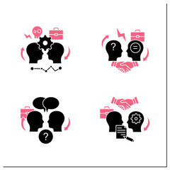 Conflict management glyph icons set.Conflict between two persons, open dialogue, resolution formalizing agreements.Dispute resolution.Filled flat signs. Isolated silhouette vector illustrations 