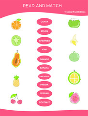 Read and match worksheet game. English alphabet with cartoon fruits set. Matching words with images using funny tropical fruits for kids. Vector illustration.
