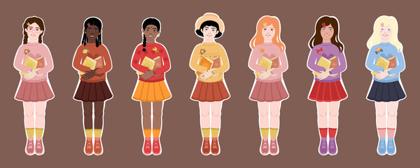 A set of stickers with girls with braces in full growth of different races with books. Cute girls school girls of different nationalities hold books in their arms. Vector illustration.