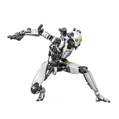 droid soldier is landing like a super hero in action and holding a pistol