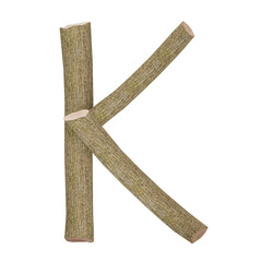 3d letter K in the style of wooden logs, isolated on white background, 3D illustration