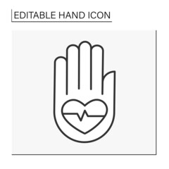 Hand with heart line icon.Health and medicine. Healthcare. Hospital for sick people. Hand concept. Isolated vector illustration. Editable stroke