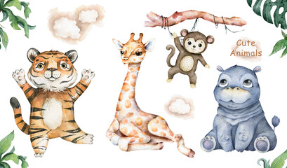 Fototapeta na wymiar Baby giraffe, hippo, tiger and monkey. Watercolor hand painted cartoon giraffe tropical animal illustration. Jungle safari cute animals woodland
