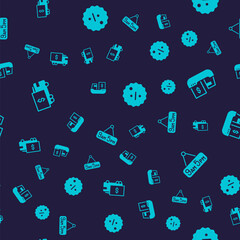 Set Armored truck, Cargo ship with boxes delivery, Discount percent tag and From 9 to 5 job on seamless pattern. Vector