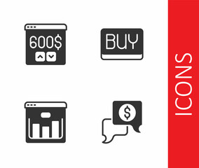 Set Business negotiations, Monitor with dollar, Browser stocks market and Buy button icon. Vector