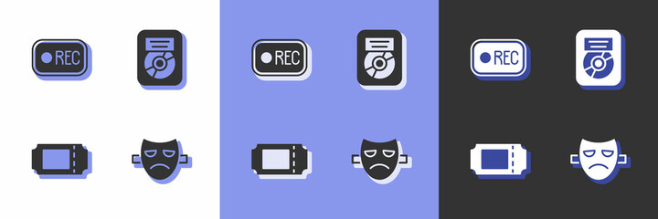 Set Drama theatrical mask, Record button, Cinema ticket and CD disk award frame icon. Vector