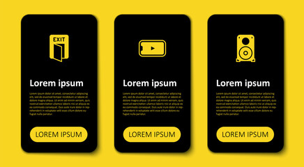 Set Stereo speaker, Online play video and Fire exit. Business infographic template. Vector