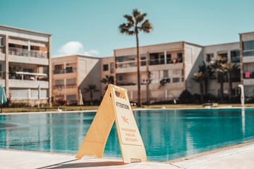 Casablanca, Morocco 04-10-2021: a warning plate in a swimming pool