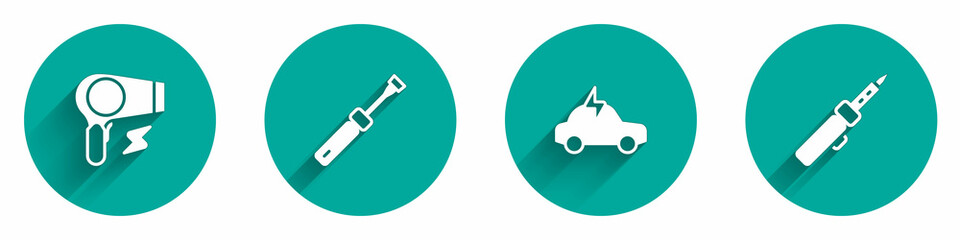 Set Hair dryer, Screwdriver, Electric car and Soldering iron icon with long shadow. Vector