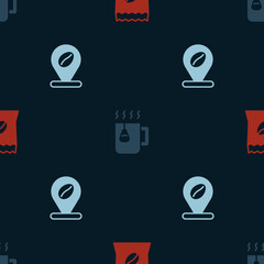Set Bag of coffee beans, Cup tea with bag and Location on seamless pattern. Vector