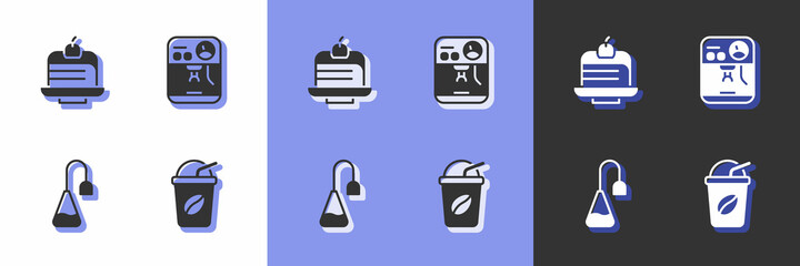 Set Iced coffee, Piece cake, Tea bag and Coffee machine icon. Vector