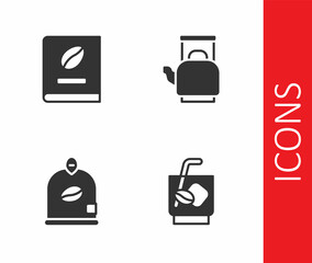 Set Espresso tonic coffee, Coffee book, Bag beans and Kettle with handle icon. Vector