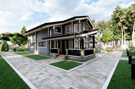 3D illustration, 3D rendering. A beautiful path near a summer two-story house made of glued laminated timber.