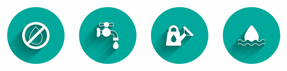 Set Water drop forbidden, tap, Watering can and icon with long shadow. Vector