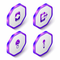 Set Isometric Soda can, Food ordering on mobile, Fly agaric mushroom and Spoon icon. Purple hexagon button. Vector