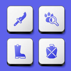 Set Hunter knife, Paw search, Waterproof rubber boot and Canteen water bottle icon. White square button. Vector