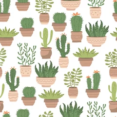 Glasschilderij Cactus in pot Naadloze patroon verschillende schattige cactus en vetplanten in potten op witte achtergrond. Vectorillustratieset met verschillende kamerplanten in keramische potten