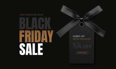 Black Friday Sale Banner. Discount background with black label and black ribbon with bow. Vector 