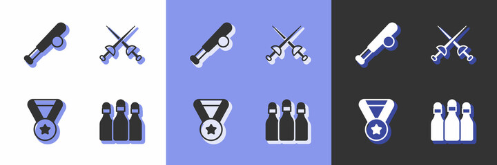 Set Bowling pin, Baseball bat with ball, Medal and Fencing icon. Vector