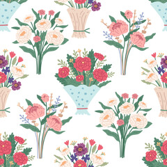 Flower bouquet. Seamless Pattern with bright spring blooming flowers in vases and bottles isolated on a white background. Cartoon flat vector illustration. 