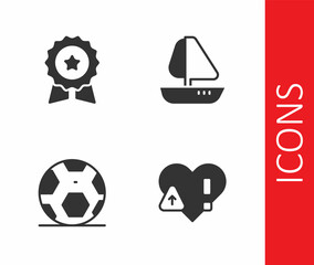 Set Heart rate, Medal with star, Soccer football ball and Yacht sailboat icon. Vector
