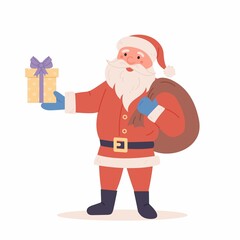 Funny happy Santa Claus character with gift, bag with presents. The Symbol Of Christmas. Illustration for Christmas and new year promotions, sales, advertising and parties.