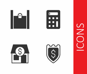 Set Shield with dollar, Paper shopping bag, Market store and Calculator icon. Vector