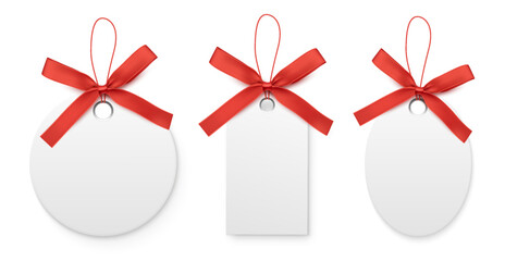 Black white sale labels and tags with red bow isolated on white background. Vector illustration