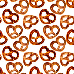 Isolated watercolor illustrated bakery product, salty pretzel pastry pattern set