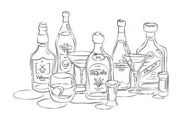 Bottle and glass whiskey vermouth tequila martini rum together in hand drawn style. Beverage outline icon. Restaurant illustration for celebration design. Line art sketch. Isolated on white backdrop