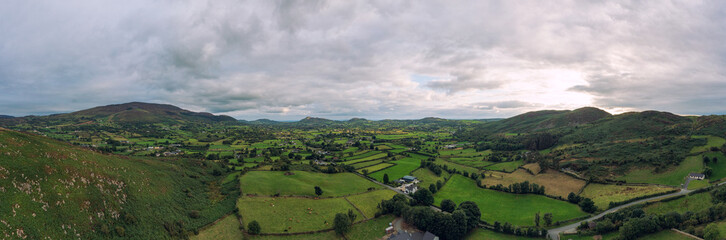 Fototapeta na wymiar Panoramic aerial view cloudy summer countryside,newry,Northern Ireland