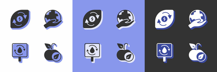Set Apple, Water energy, Recycle clean aqua and Hand holding Earth globe icon. Vector