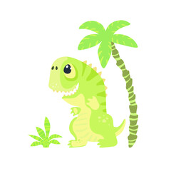 Cute little tyrannosaur rex with bush and palm tree