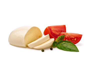 Fresh sliced mozzarella cheese with tomato and basil on white