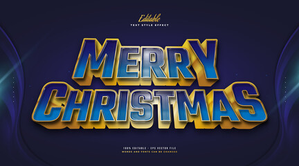 Obraz premium Merry Christmas Text in Blue and Yellow Style with 3D Effect. Editable Text Style Effect