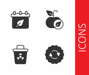 Set Recycle symbol, Calendar with autumn leaves, Infectious waste and Apple icon. Vector