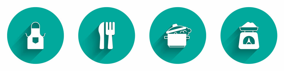 Set Kitchen apron, Crossed knife and fork, Cooking pot and Scales icon with long shadow. Vector