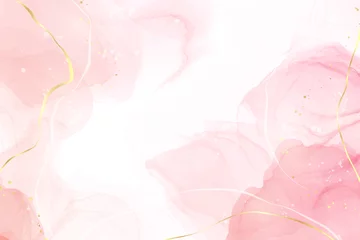 Foto op Aluminium Pastel rose pink liquid watercolor background with golden cracks. Blush marble alcohol ink drawing effect. Vector illustration design template for wedding invitation, menu, rsvp © svetolk