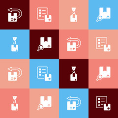 Set pop art Return cardboard box, Verification of delivery list, Crane with and Search package icon. Vector