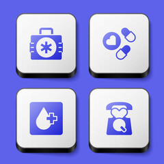 Set First aid kit, Medicine pill or tablet, Blood test and Emergency call 911 icon. White square button. Vector