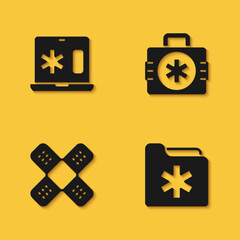 Set Clinical record on laptop, Medical health folder, Crossed bandage plaster and First aid kit icon with long shadow. Vector