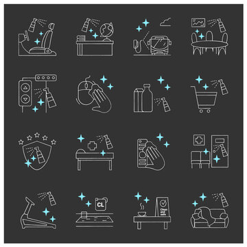  Surface disinfection chalk icons set. Disinfection at home, workplace, public spaces, transport. Safety space and preventative measures. Isolated vector illustrations on chalkboard