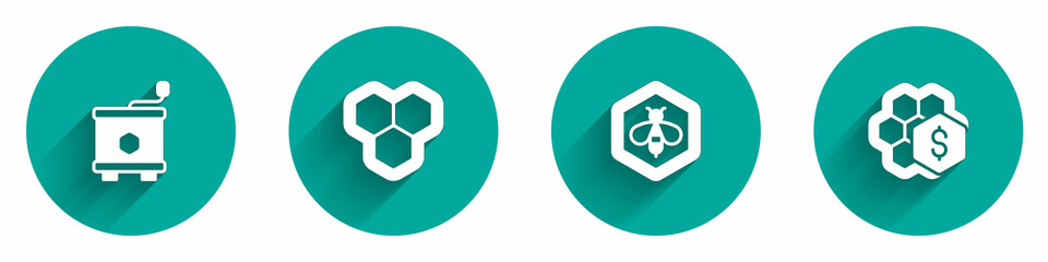 Fototapeta premium Set Honey extractor, Honeycomb, Bee and honeycomb and Sale of icon with long shadow. Vector