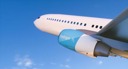 Blue Hydrogen filling H2 Airplane flying  in the sky - H2 energy concept